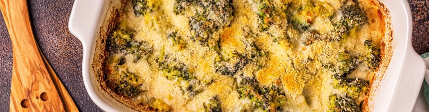Purple Sprouting Broccoli and Kale Gratin