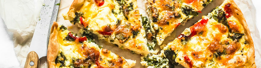 red pepper, kale and feta quiche