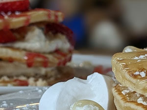 pancake towers topped with fresh fruit