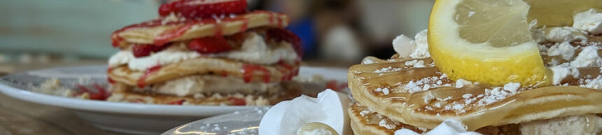 pancake towers topped with fresh fruit